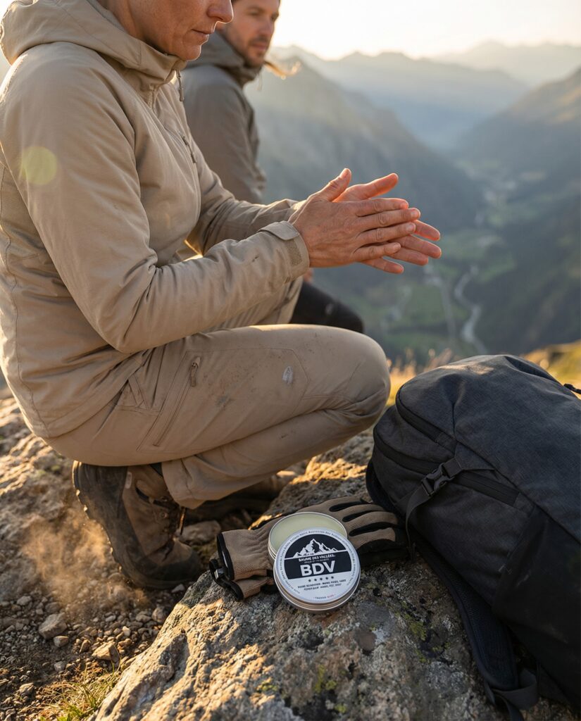 Application du Baume des Vallées au Tea Tree sur les pieds – protection naturelle contre odeurs et bactéries